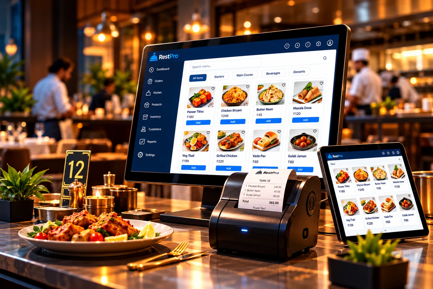 RestPro billing screen, pocket printer and tablet on a restaurant counter